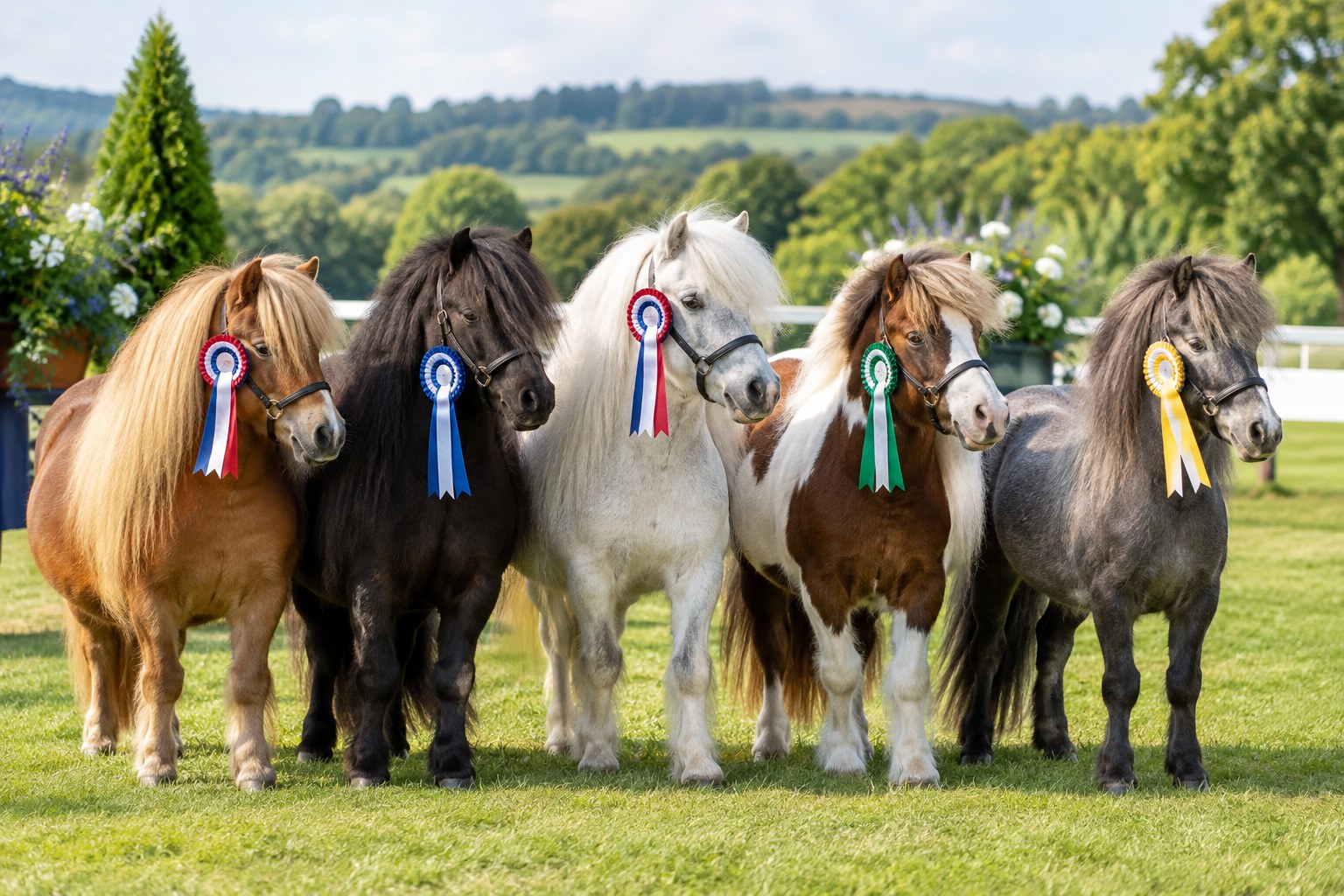 Poneys Shetland réunis sur un terrain de concours pour illustrer les résultats de la saison 2026